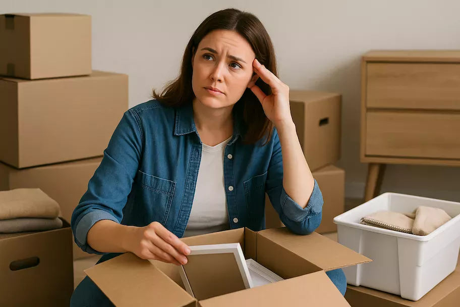 “Kvinna rensar lådor inför flytt och ser tänksam ut – symboliserar den mentala påverkan av att flytta och vikten av att skapa lugn och struktur i förändringsprocessen”